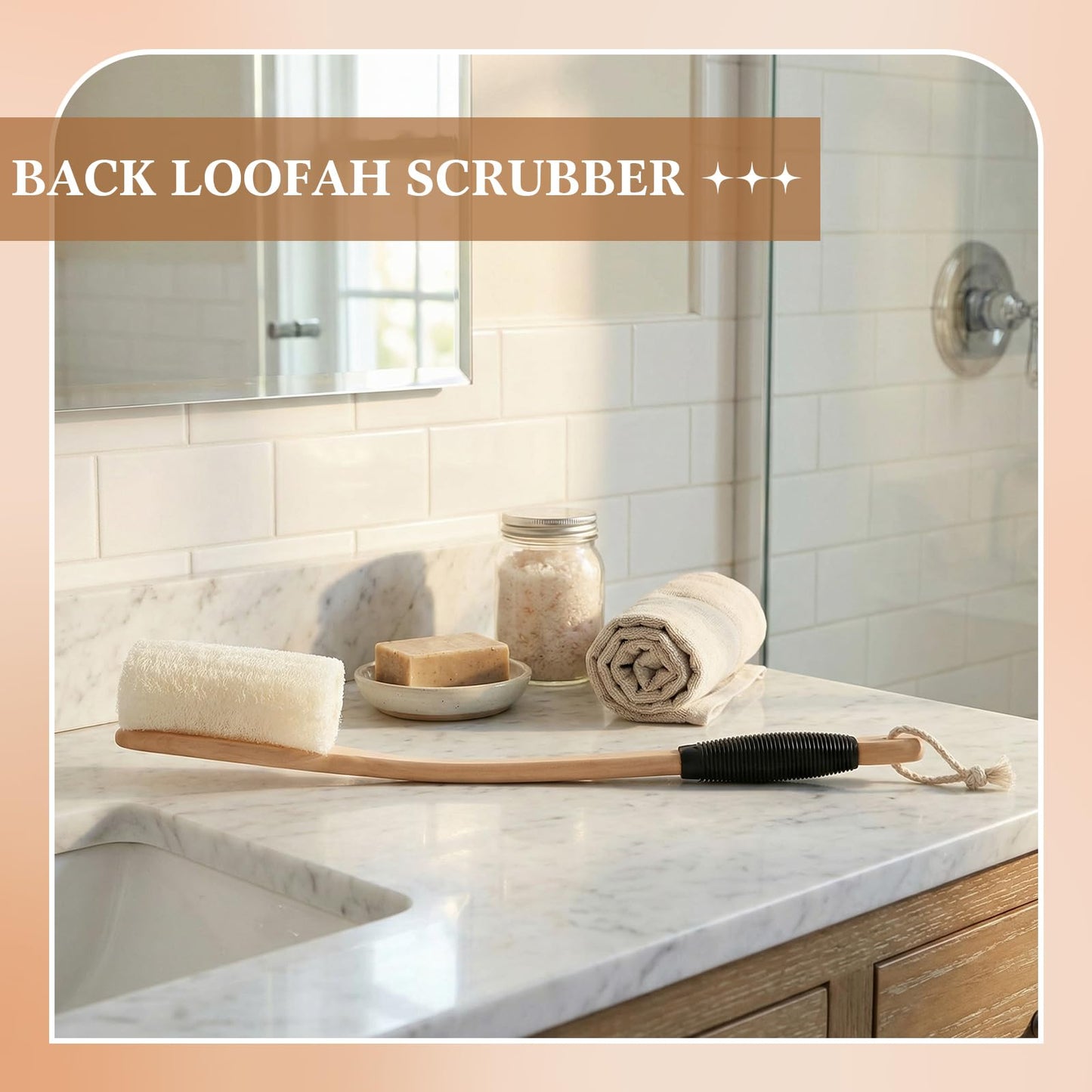 Zhehao 2 Pack Natural Loofah Back Scrubber with Long Handle for Men & Women, Non-Slip Grip, Hanging Rope, Gentle Exfoliating Shower Brush for Wet Use, Spa, Bath & Back Cleaning