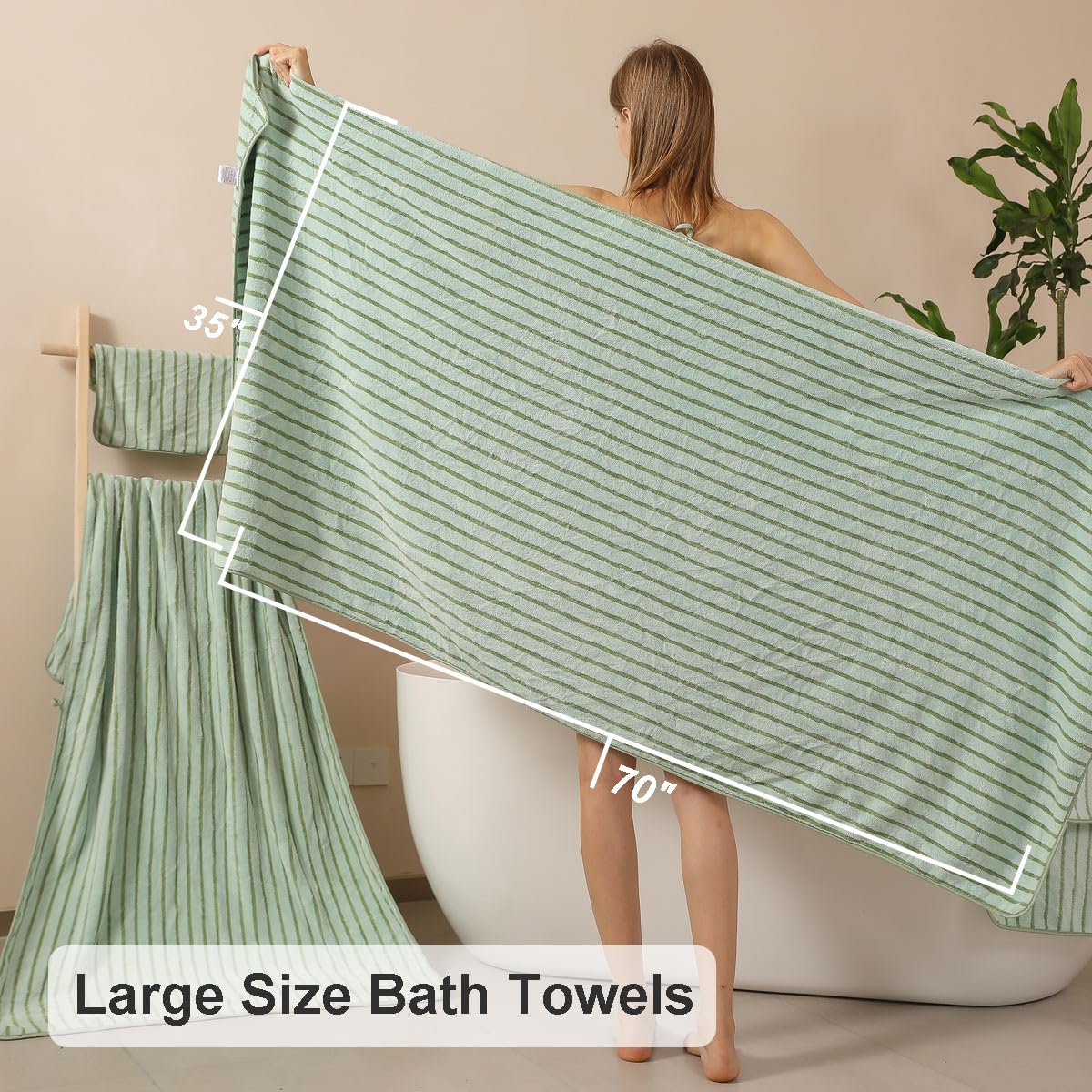 Oliven 8 Pcs Green Cabana Stripe Large Bath Towel Set Oversized Bath Sheet-2 Bathroom Towels,2 Hand Towels,4 Washcloths Soft Jumbo Absorbent Shower Towel Quick Dry Beach Chair Spa Gym Hotel Towel