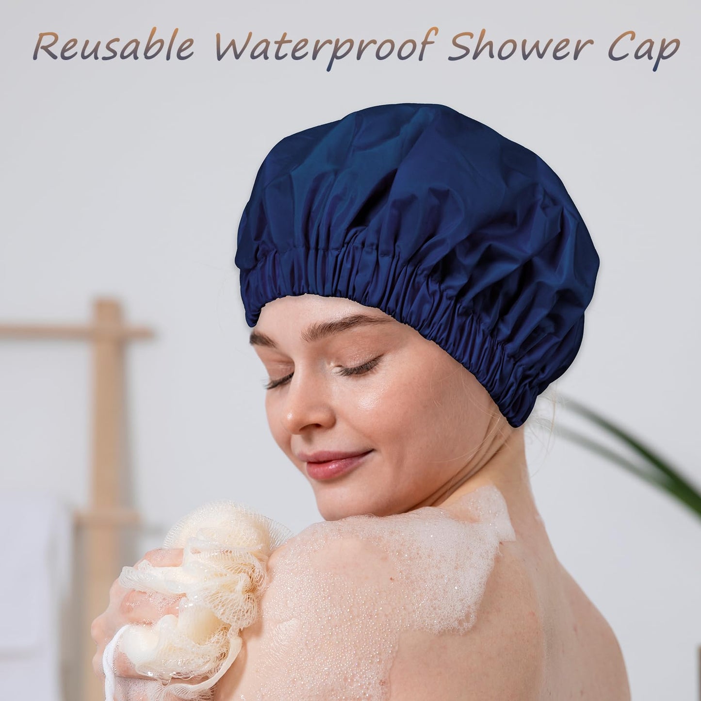 TUVATU Reusable Shower Cap for Women – Large Waterproof Satin Shower Bonnet for Long, Curly & Braided Hair, Washable Bath Hair Cover, Navy Blue