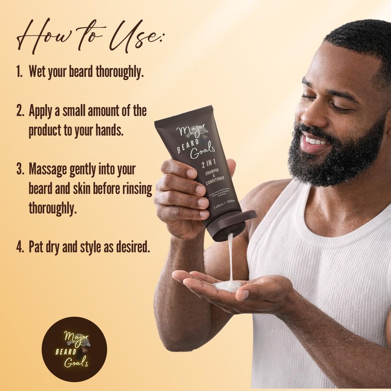 Major Beard Goals: 2-in-1 Beard Wash & Conditioner for Men - Gentle Men’s Shampoo for Beard Care & Growth, Softens, Soothes, Hydrates, & Nourishes Facial Hair, With Natural Ingredients - 7oz
