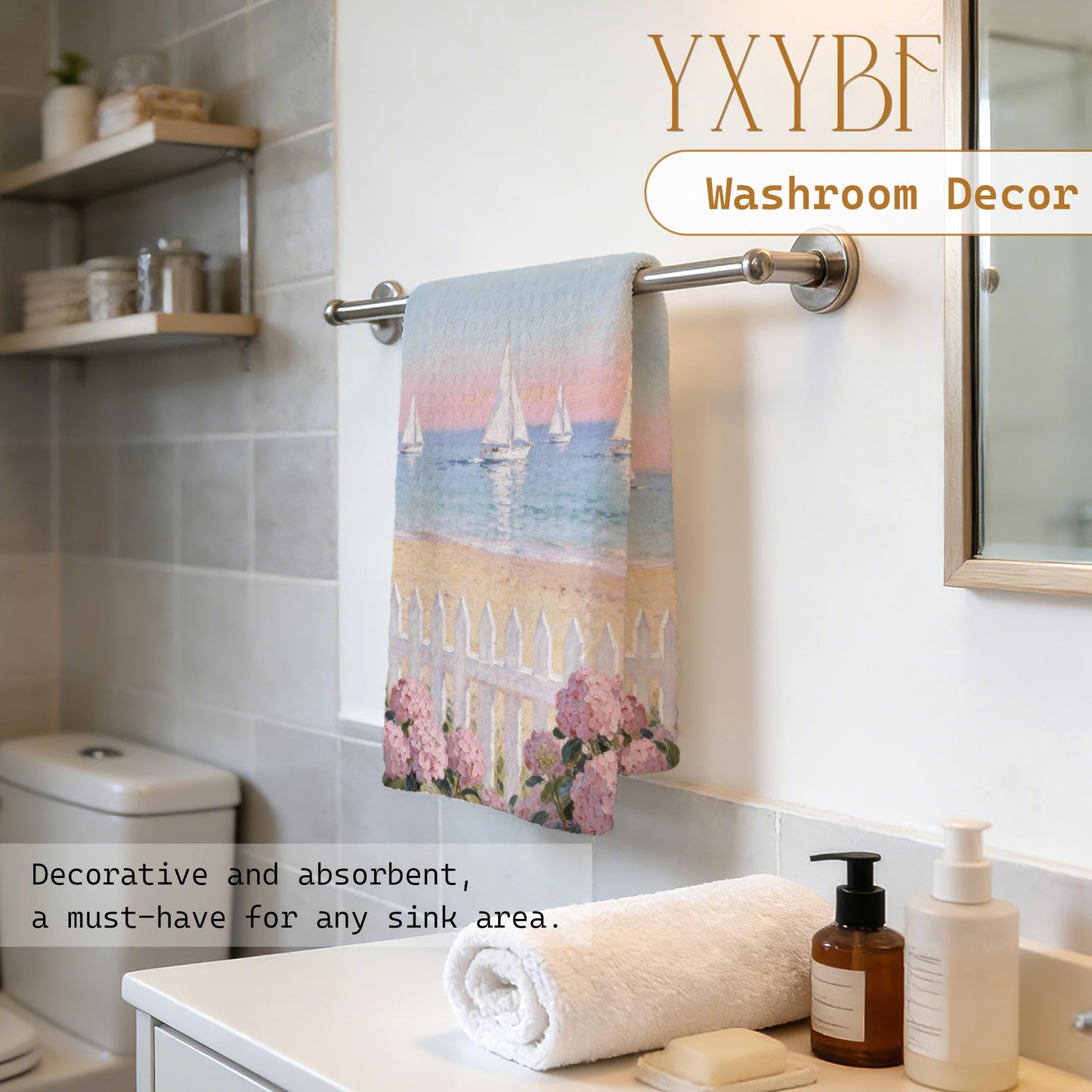 YXYBF Pastel Coastal Nautical Hand Dish Tea Towels for Kitchen Bathroom Beach House Decor 16x24 Inches, Pink Hydrangea Floral Coastal Beach Kitchen Towels Decorative
