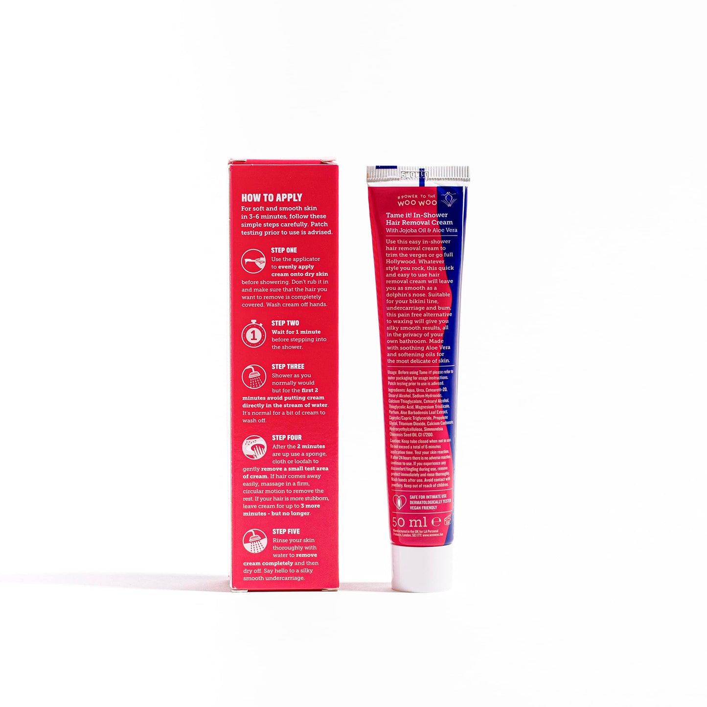 WooWoo Tame It! Natural Intimate Hair Removal Cream - Painless Vegan Hair Remover For Sensitive Skin - Depilatory For Genitals, Bikini, Legs & Bum - Women In-Shower Cream With Aloe Vera - 50ml