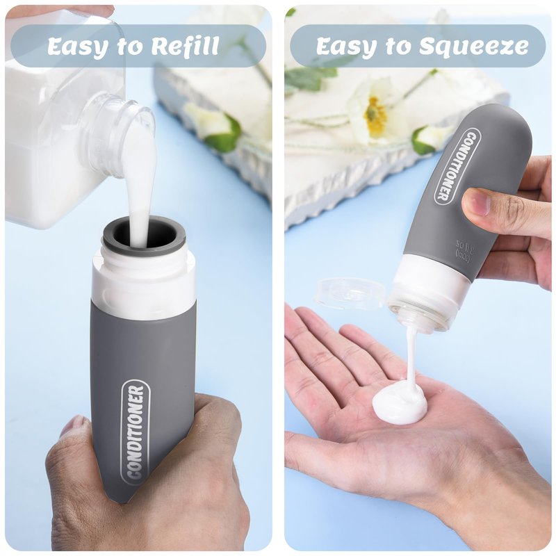 Silicone Travel Bottles for Toiletries with Labels, 3oz TSA Approved Squeezable Travel Size Containers, Leak Proof Travel Shampoo and Conditioner Bottles with Toiletry Bag (4 Pack, Dark Color)