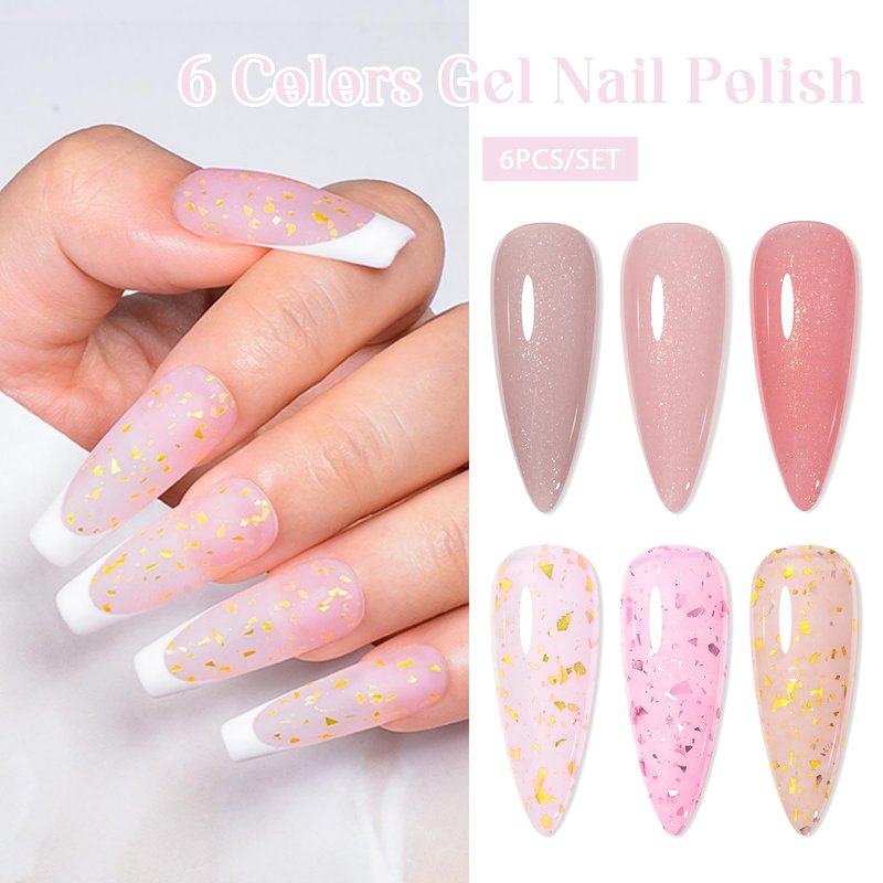 MSRUIOO 6Pcs Rubber Base Gel Nail Polish Set Pink Gold Foil Builder Base Gel Nude Brown Extension Gel for Nails at Home Salon DIY Beginner