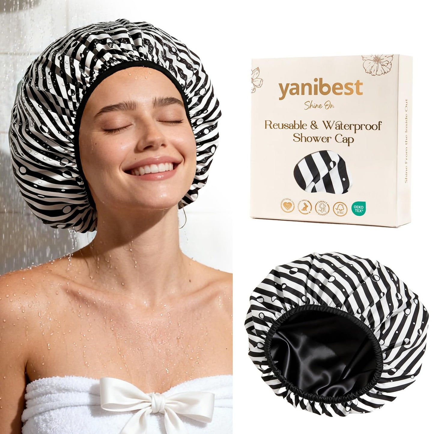 Yanibest Shower Cap for Women - Frizz Free Satin Lined Shower Cap Waterproof Large Double Layer Reusable with Soft Elastic Band for Braids Long Hair