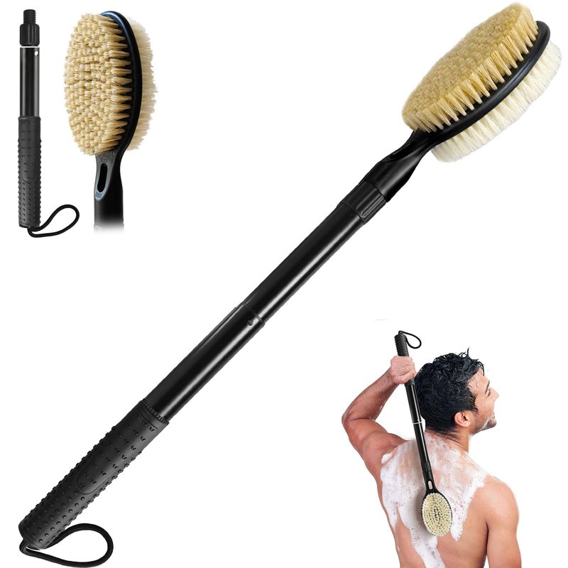 Back Scrubber for Shower with Long Handle, Dual-Sided Bath Brush for Wet & Dry Brushing, Soft & Stiff Bristles Body Exfoliator, Adjustable Detachable Shower Brush for Back, Legs & Feet