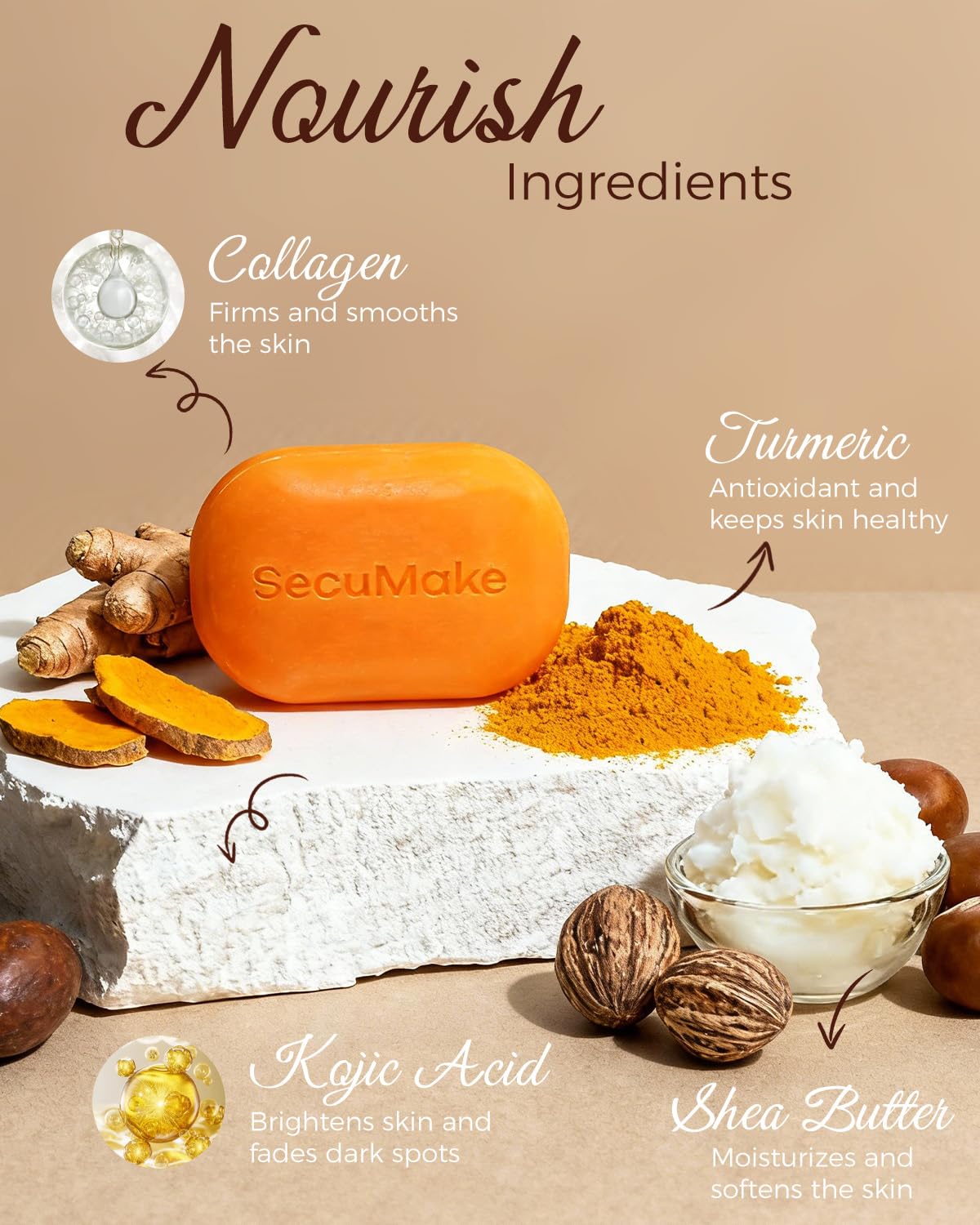 SecuMake Kojic Acid Soap, Turmeric Soap for Dark Spots with Vitamin C & Shea Butter, Paraben & Sulfate-Free - 105g x 3 Bars with African Net Sponge