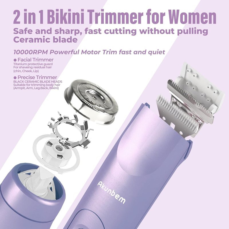 Akunbem Bikini Trimmer for Women - 2-in-1 Electric Razor with Dual Heads - IPX7 Waterproof for Wet & Dry Use