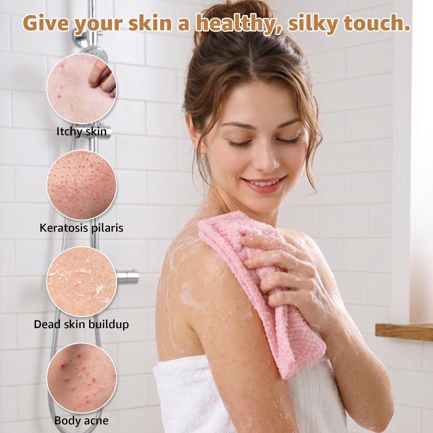 2Pcs Exfoliating Washcloth Towel, Long Dual-Sided Exfoliating Body Scrubber Exfoliator, Back Scrubber Deep Cleansing & Gentle Exfoliation, Quick-Drying Bath Towel for All Skin Types (Black & Pink)