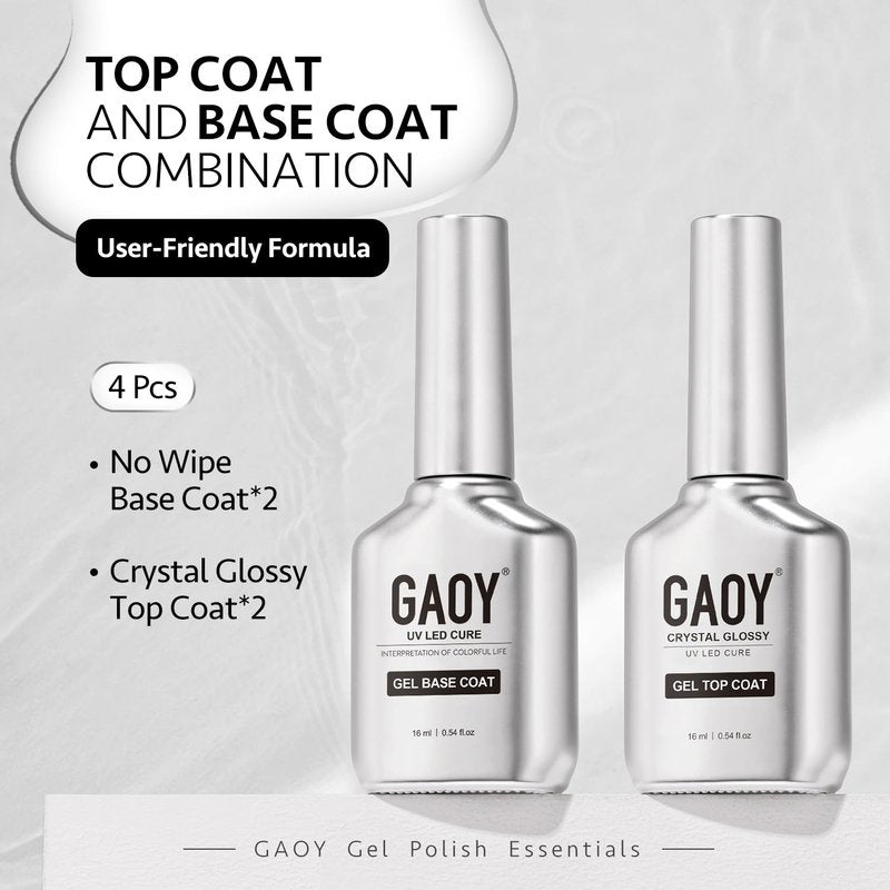 Glassy Gel Top Coat & Base Coat Set - 16ml No Wipe UV Nail Polish | 4 Pcs
