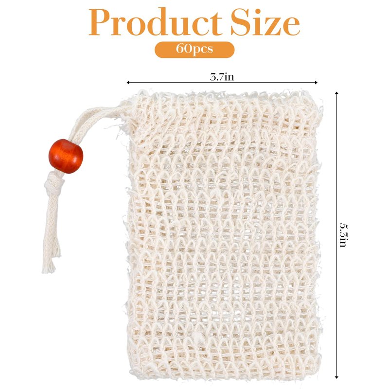 60 Pack Mesh Soap Saver Bags, 5.3 x 3.7 Inch Natural Sisal Exfoliating Soap Pouch Holder with Drawstring for Lathering, Drying, and Shower Use, Beige