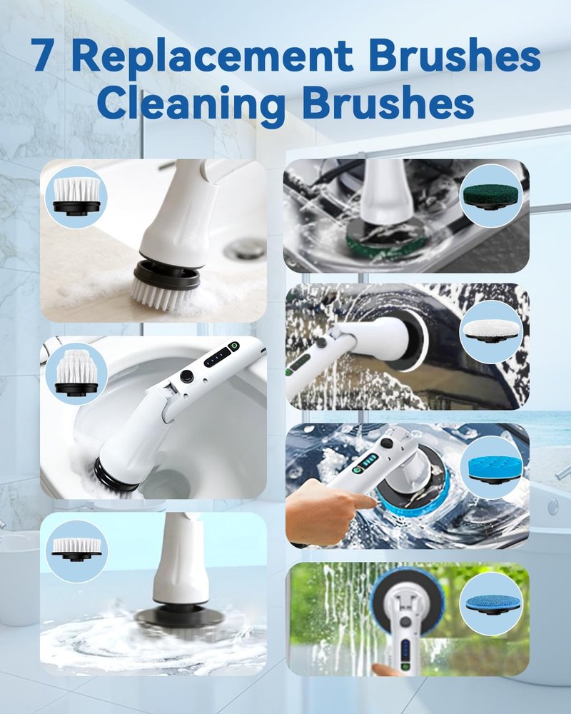 Electric Spin Scrubber, Hillyfe Bathroom Scrubber Electric with 7 Replaceable Brush Heads, IPX7 Waterproof,300/400 RPM, 3 Adjustable Length,Scrubber Brush Electric for Bathtub Floor,White