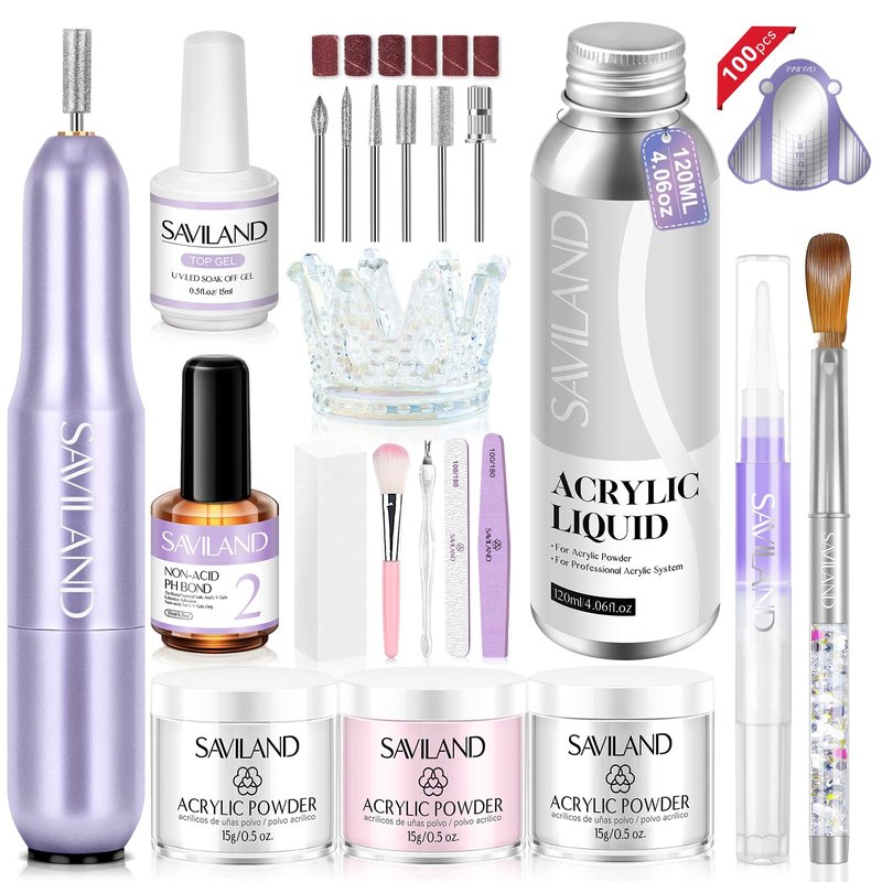 SAVILAND Professional Acrylic Nail Kit with Drill: Nails Kit Acrylic Set with Acrylic Powder, Liquid, Brush, Forms, Top Gel, Cuticle Oil Pen & Manicure Tools for Home DIY and Professional Salon Use