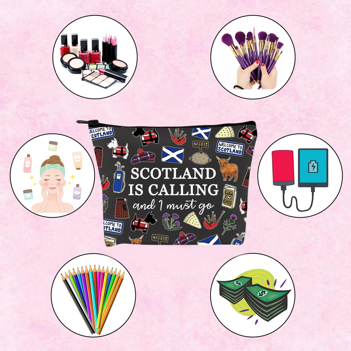 TSOTMO Scotland Makeup Bag Gift Edinburgh Gift Scotland Is Calling And I Must Go Zipper Bag Gift For Scottish (BLK-SCOTLAND), Beige
