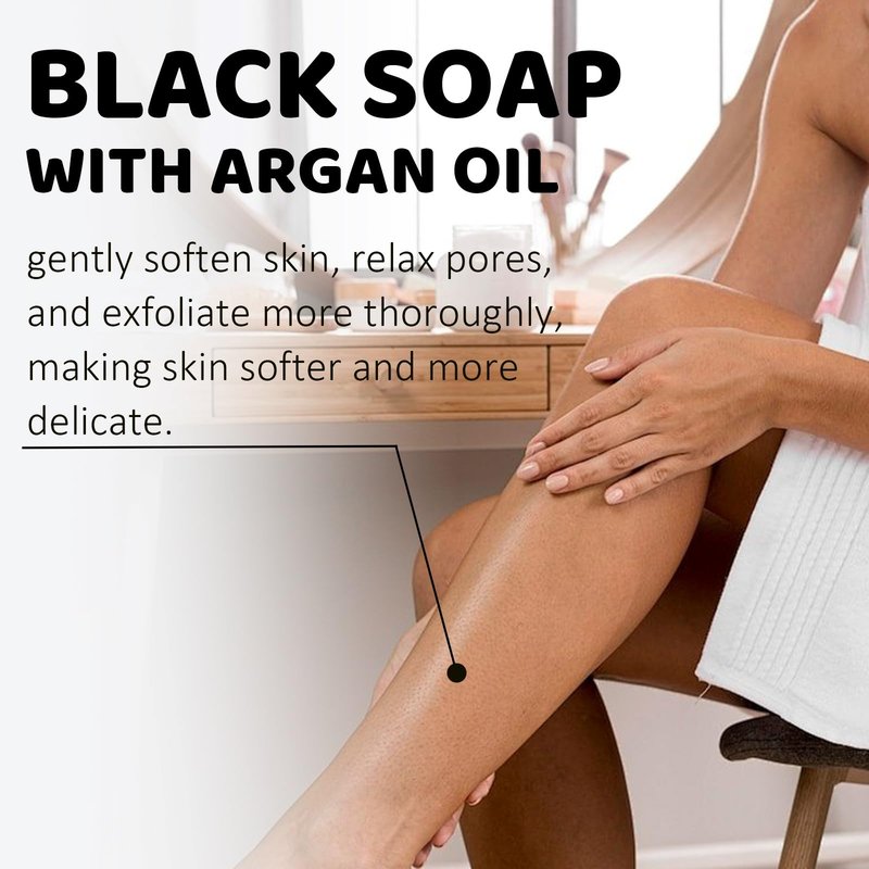 2Pack Moroccan Black Soap with Argan Oil, Morocco Black Beldi Soap Hammam Ritual Body Scrub, Dead Skin Removal, SPA at Home, Purifying Moroccan Body Wash with Exfoliating Glove