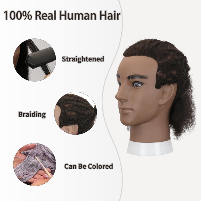 Sirydtm Male Afro Kinky Curly Mannequin Head - 100% Human Hair Mannequin Head Men's Training Barber Mannequin Head with Stand for Salon Braiding, Styling, Cutting, Coloring & Updos（WHBZT1B#）