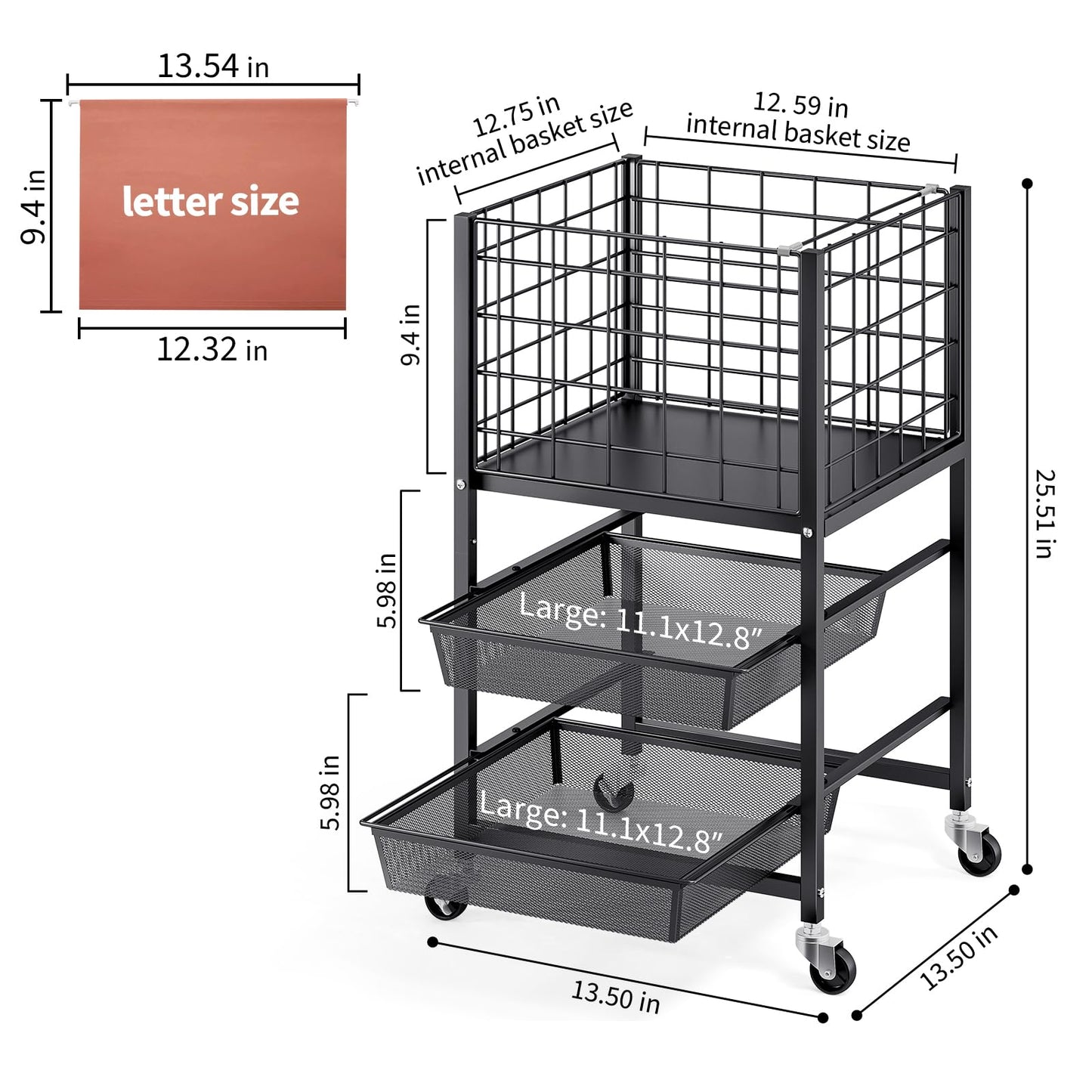 TOOLF 3-Tier Rolling File Cart, Metal Storage Drawer Cart with 2 Sliding File Trays, Adjustable Rod for Hanging Various File Sizes, File Organizer Cabinet on Wheels, for Office, Home, Classroom, Black