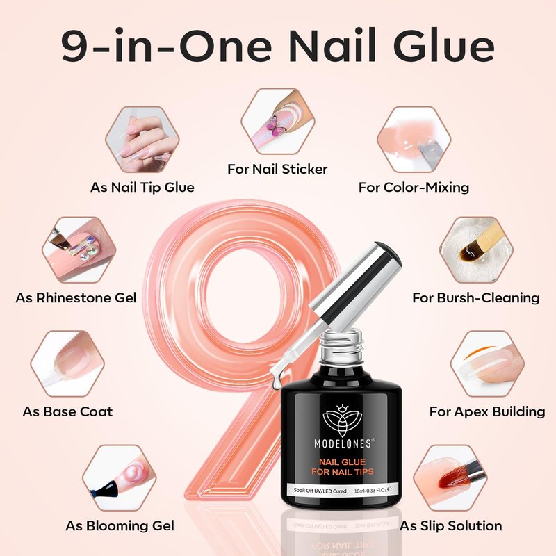modelones X Nail Gel Kit Short Almond, 9-in-One Nail Glue with Mini UV Light 216Pcs 12Sizes Pre-Etched Press ons Fake Acrylic Extension Kit DIY Salon Gift for Women