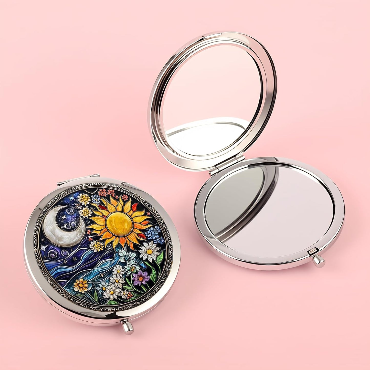 Skiennix Silver Compact Mirror - Double-Sided Folding Makeup Mirror with Floral Design | 2.8x2.8 Inch