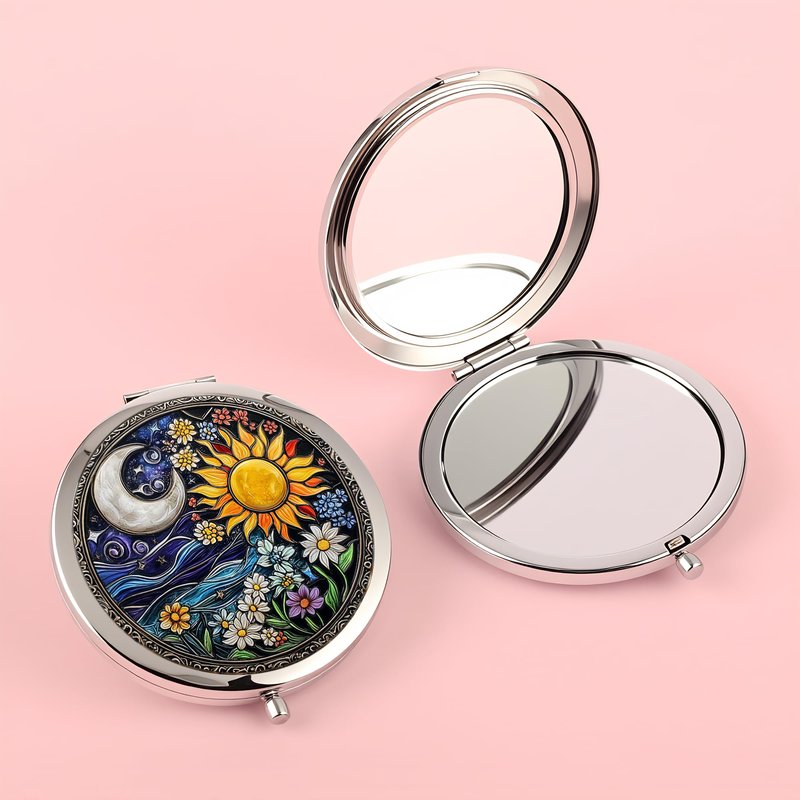Silver Compact Mirror, 2.8x2.8inch Double-Sided Folding Makeup Mirror with Pink Butterfly White Flower Design, Ideal Gift for Women