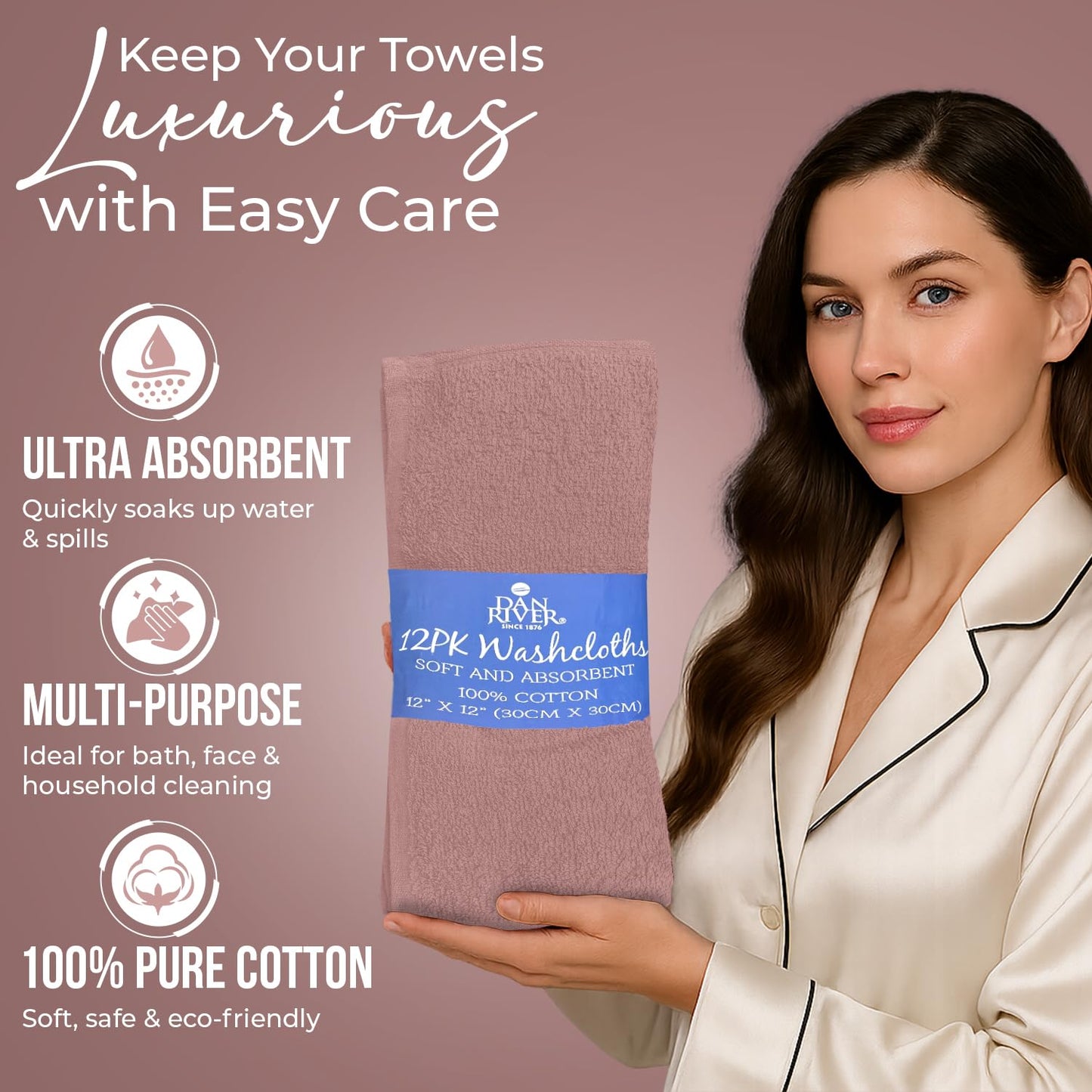 DAN RIVER 12 Pack Wash Cloths for Showering [12x12] - 100% Cotton Washcloths Premium Quality Flannel Face Cloths for Bathroom, Highly Absorbent and Soft Feel Wash Clothes, Dusty Pink