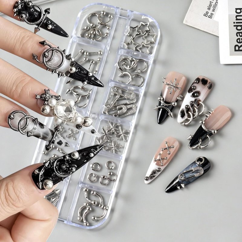 Skiennix 3D Punk Nail Art Charms - 12 Grids of Silver Alloy Rivets & Rhinestones for DIY Acrylic Nails