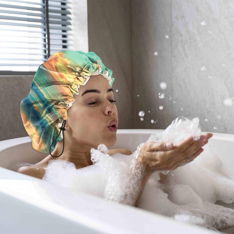 Cabreche Luxury Shower Cap Satin Silk Lined Adjustable Elastic Reusable Waterproof Shower Bath Cap Cute for Women Girls-Beach