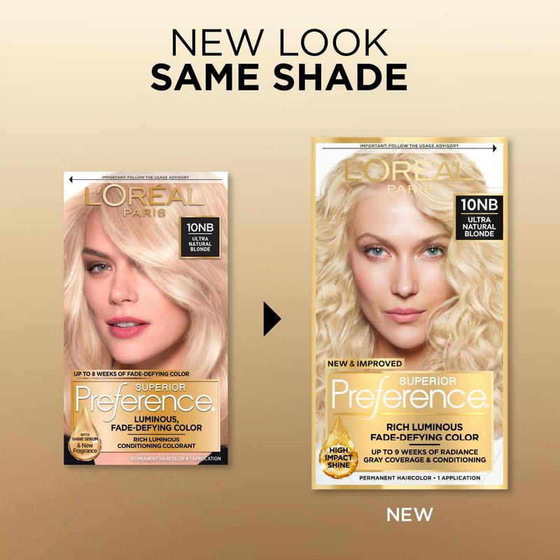 L'Oreal Paris Superior Preference Luminous Fade-Defying Permanent Hair Color, Hair Dye For Up to 9 Weeks of Radiance, Ultimate Natural Blonde 10NB, 1 Hair Dye Kit