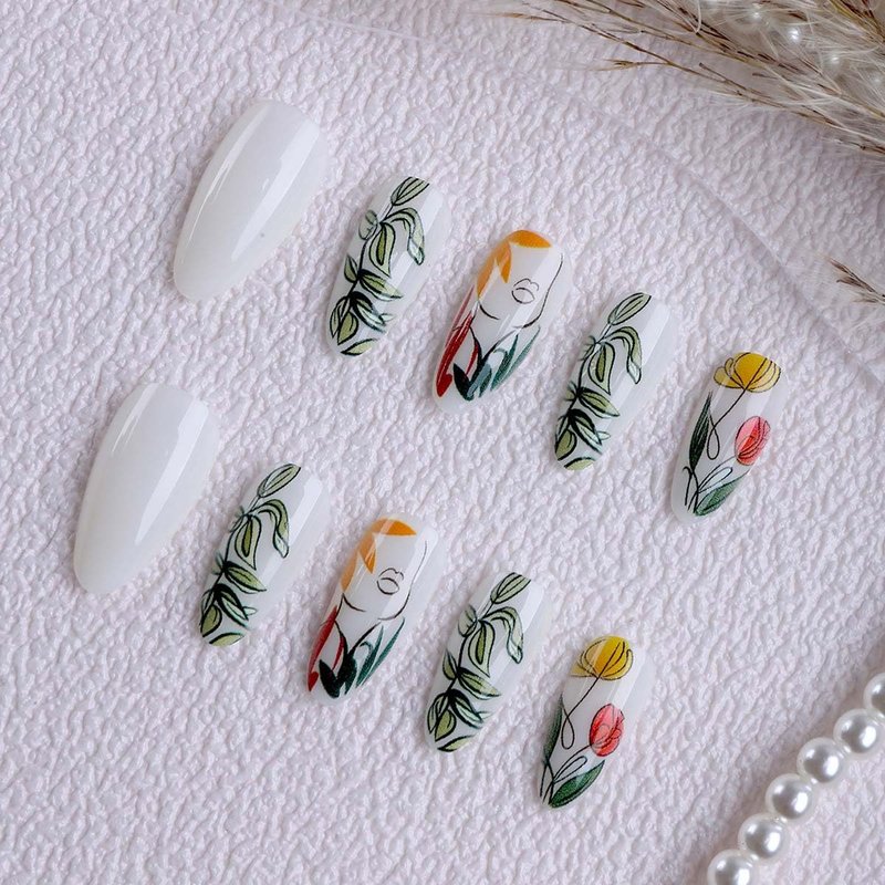24 Pcs French Tip Press on Nails Short Almond Spring Butterfly Fake Nails Press ons Nail