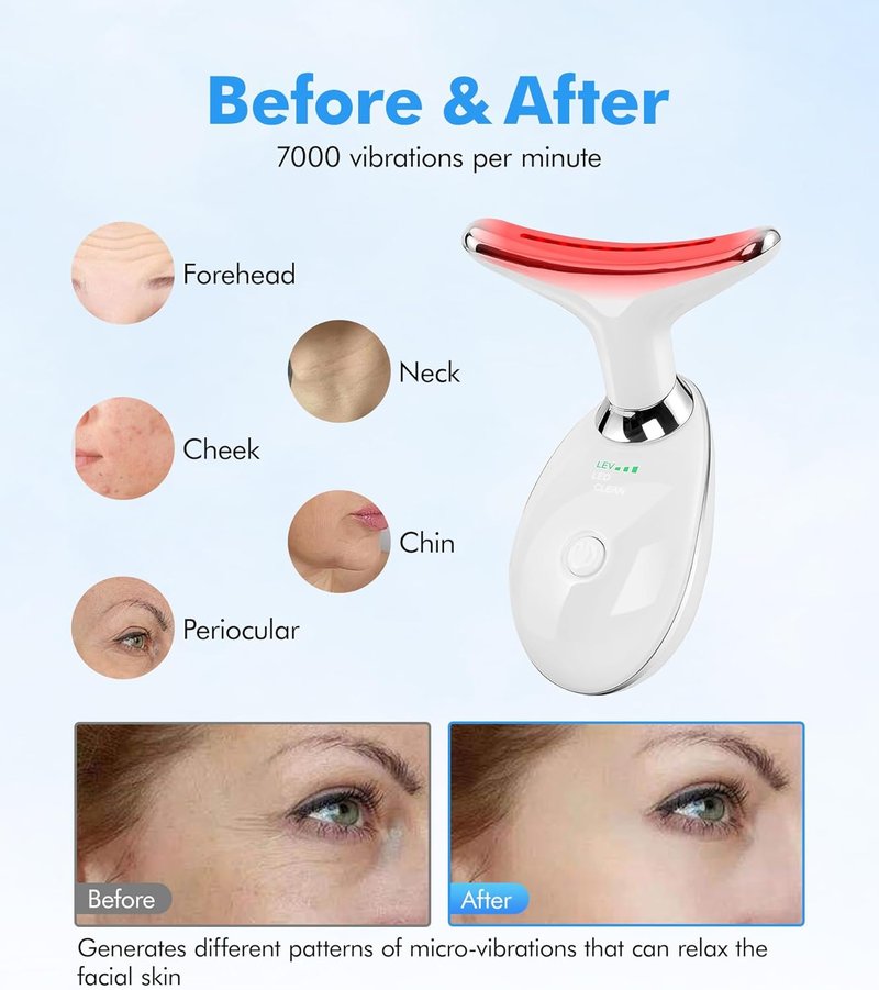 Red Light Therapy Face Massager - 7 Color Vibrating Tool for Wrinkles & Double Chin | Glossy White