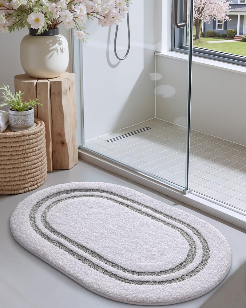 DEXI Oval Bath Mats for Bathroom, 17x30 Absorbent Bath Mat, Washable Microfiber Bathroom Rug with Non Slip Backing for Shower Floor, Light Grey