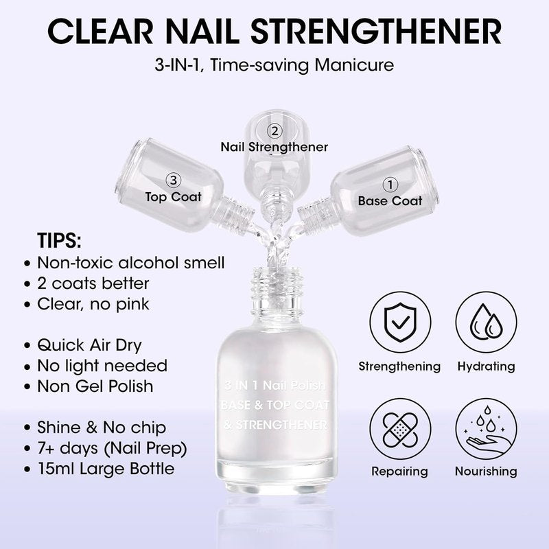GELLEN 3-In-1 Clear Nail Strengthener - Base & Top Coat | Fortify Weak Brittle Nails with Keratin & Vitamin E
