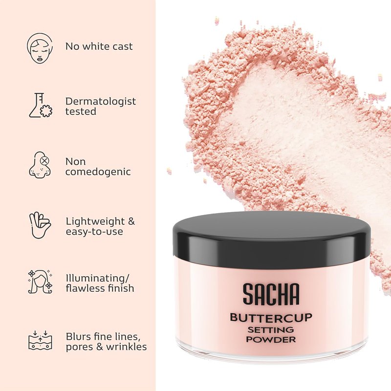 Sacha Buttercup Rosé Setting Powder – All Skin Tones Translucent Loose Face Powder, Flashback-Resistant, Oil Control, Long-Wear Matte Finish (1.75 oz)