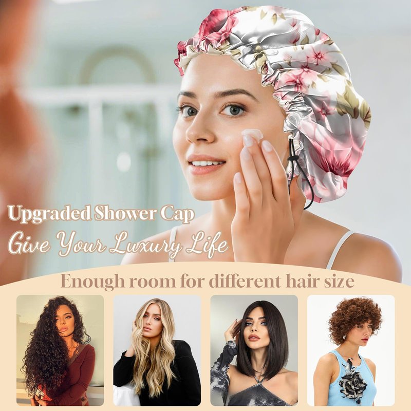 Zewurtuw Luxury Shower Cap Adjustable Reusable Double Waterproof Layer Elastic Satin Lined Hair Bath Cap Cute Aesthetic Women Girls-Peony
