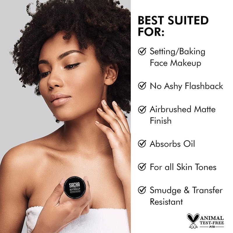 Sacha BUTTERCUP Mini Setting Powder - Translucent Face Powder for Medium to Dark Skin | No Ashy Flashback, 0.35 oz