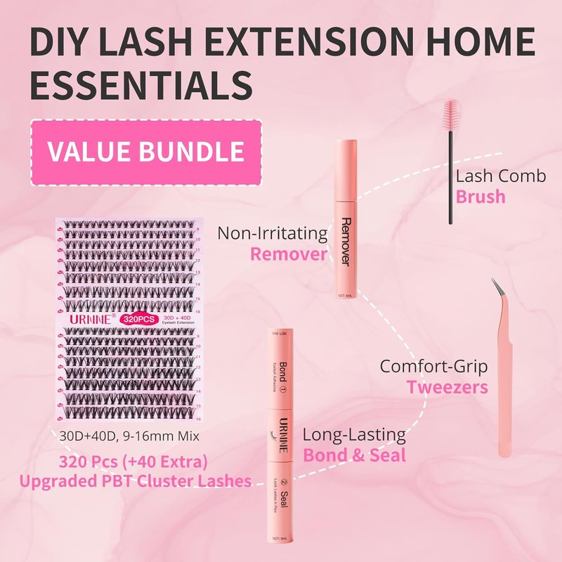 Eyelash Extension Kit - 320Pcs DIY Lash Clusters 9-16mm Mix | Includes Bond, Seal, Remover & Tweezers