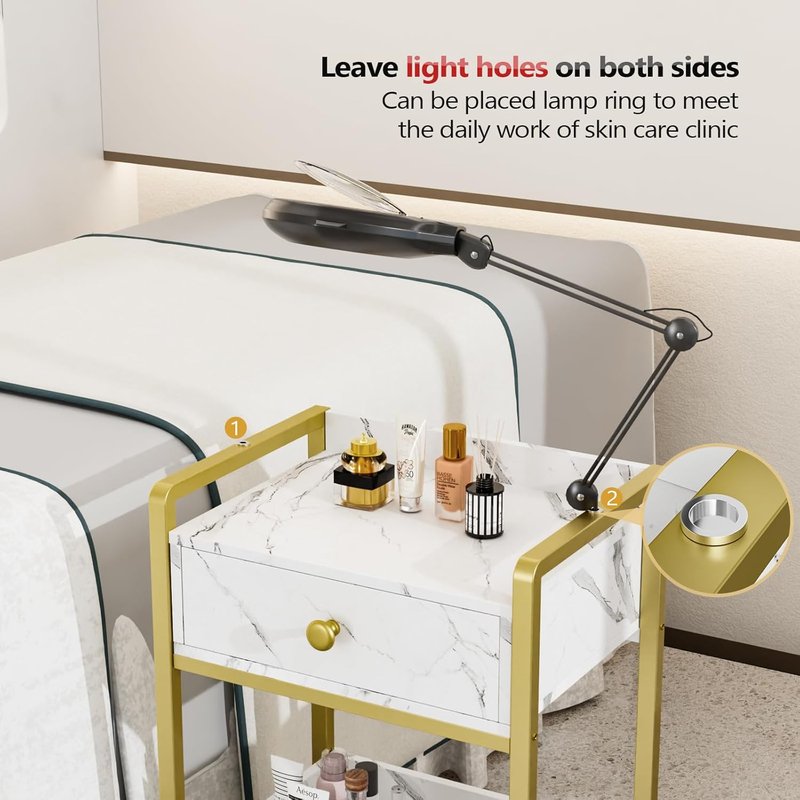OmySalon Salon Trolley Cart - Mobile Esthetician Cart with Drawer for Beauty Spa | White Marble Finish