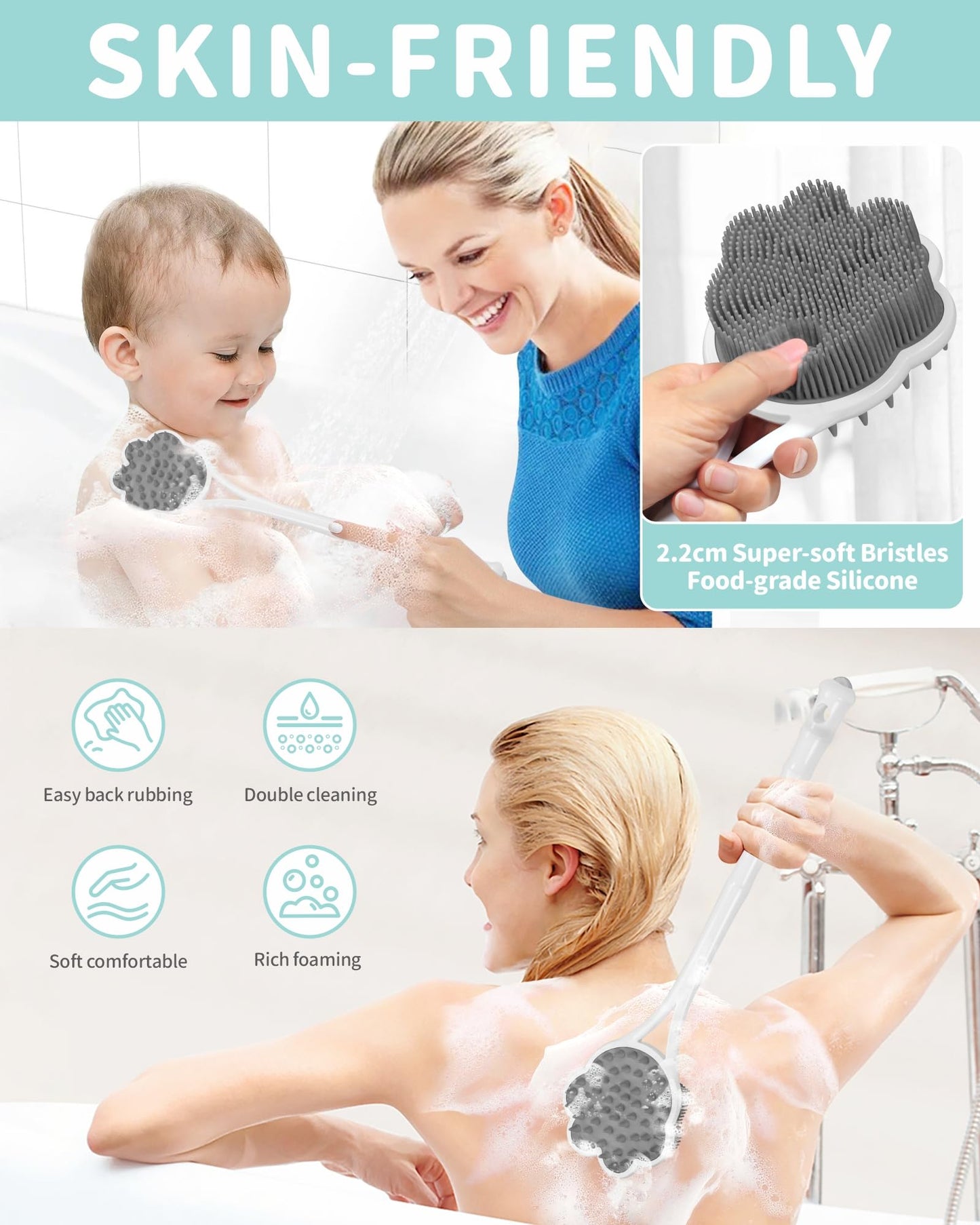 Manmihealth 15.7" Cute Silicone Back Scrubber with Long-Handle, Dual Use Back Brush for Shower with Super-Soft Silicone Bristles, Paw-Shaped Shower Body Scrubber for Sensitive Skin (Gray)