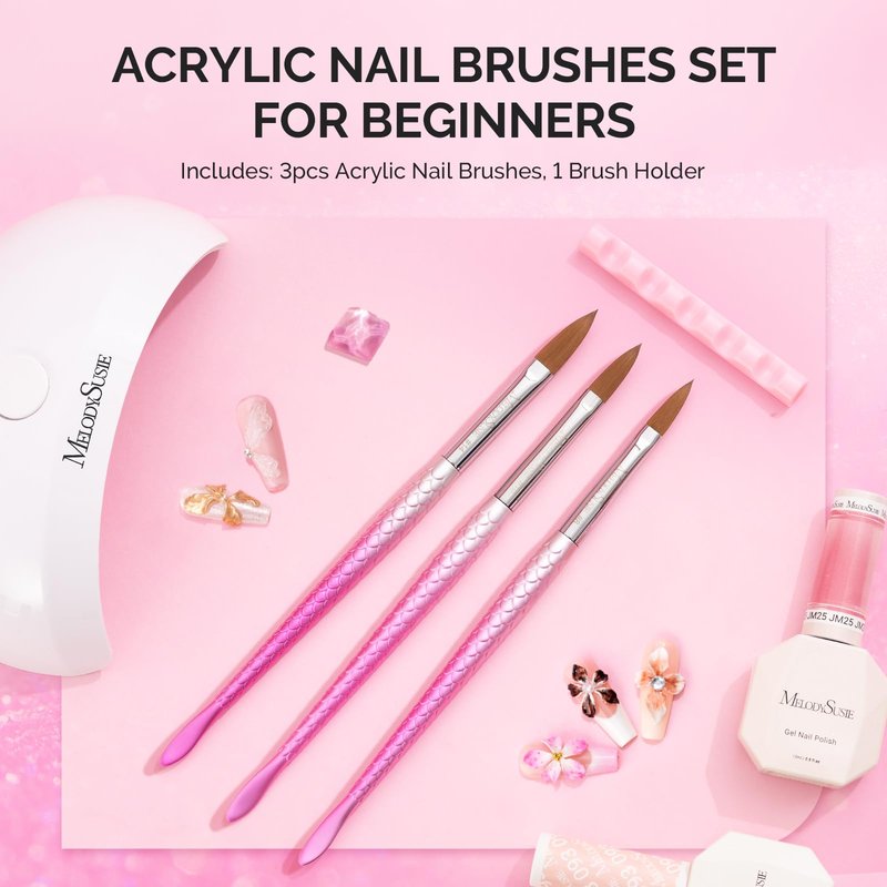 MelodySusie 3Pcs Acrylic Nail Brush Set, Size 8/10/14 with Brush Holder, Nail Art Brushes for Acrylic Application Powder Nail Extension and 3D Carving, Nail Art Tools for DIY Home Salon, Pink-Silver