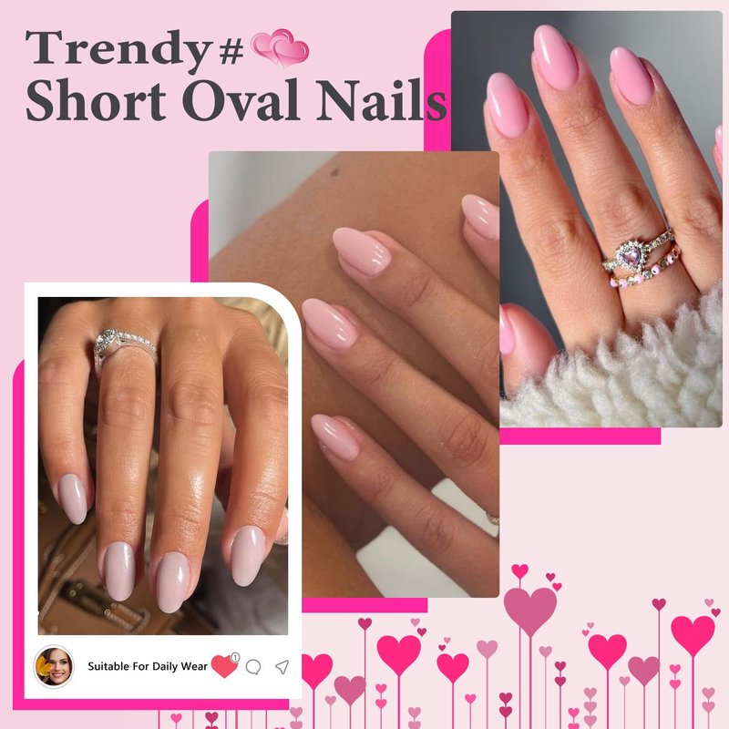 KQueenest Press On Nails - Pastel Pink Short Oval Acrylic Fake Nails | 24 Pcs for Daily Wear