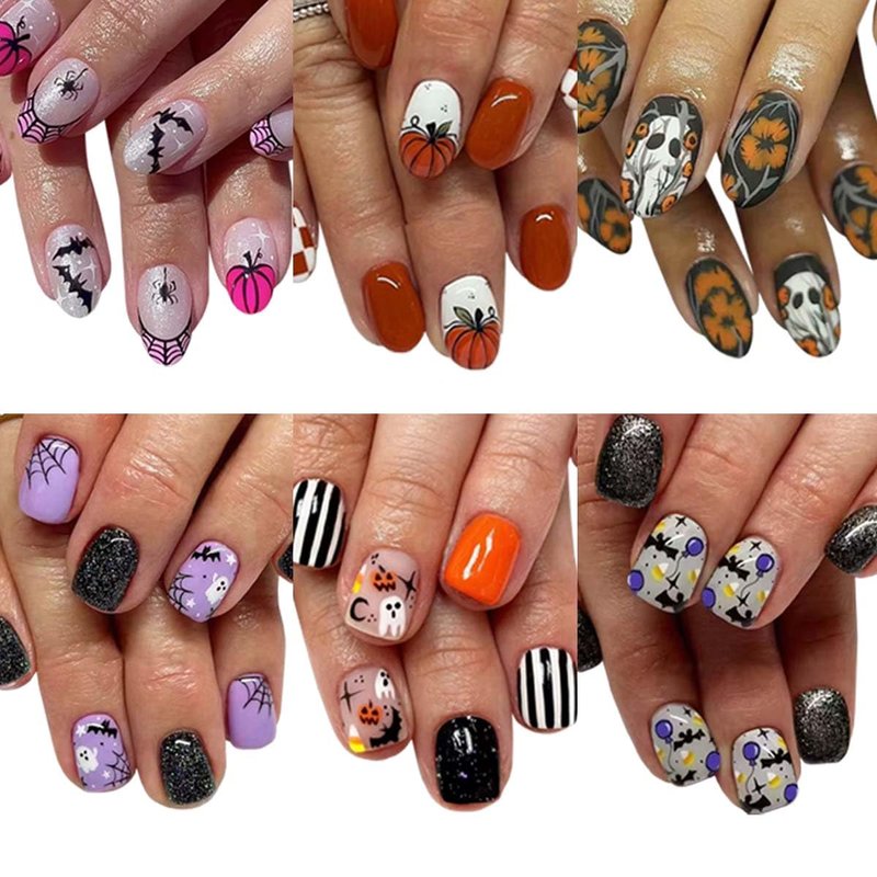 Skiennix Halloween Press-On Nails - Short Square & Almond Styles with Pumpkin, Ghost & Spider Web Designs | 144 Pcs in 12 Sizes