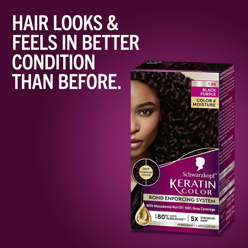 Schwarzkopf Keratin Color Permanent Hair Color, 1.99 Black Purple, 1 Application - Professionally Inspired Permanent Hair Dye, for up to 80% Less Breakage vs Untreated Hair and upto 100% Gray Coverage