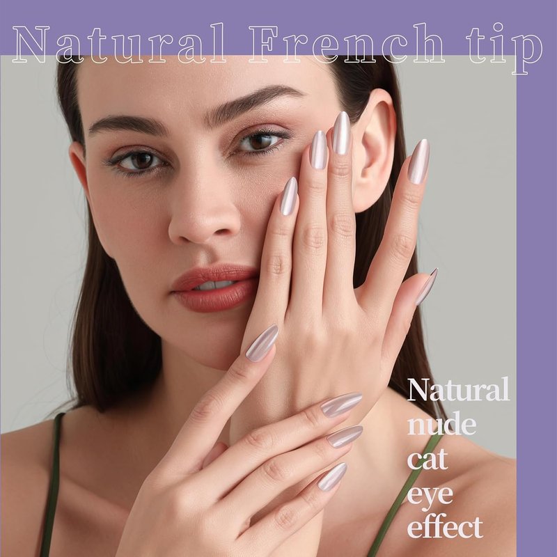 Almond Press On Nails - Cat Eye Glossy French Tip Set | 6 Iridescent Colors for Salon Quality Manicure