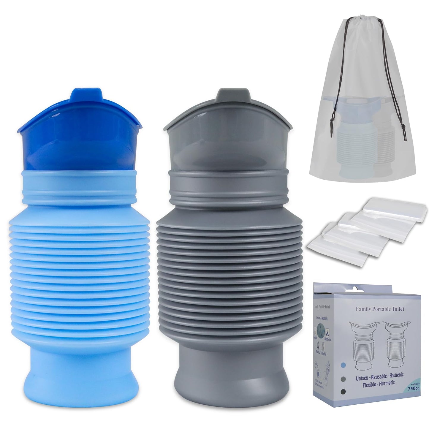 Pee Bottles for Men, Collapsible Emergency Urinal With Disposable Replacement Bags, Leakproof Car Pee Bottle for Men and Women, 750ml, 2-Piece Set Urine Bottle, Travelling, Traffic Jams & Hiking