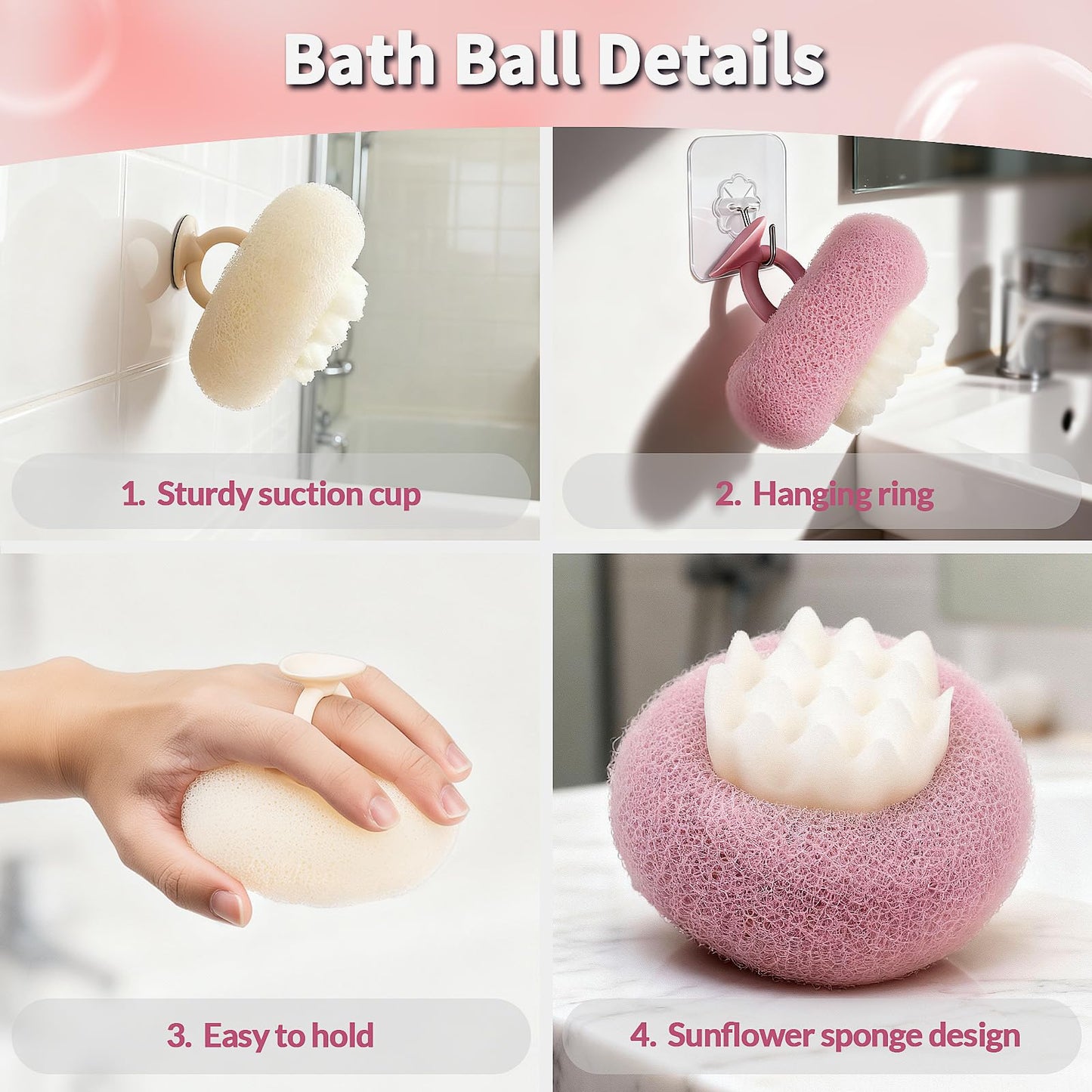 Deep Exfoliating Bath Set 3PCS: 2 Super Soft Sunflower Suction Cup Bath Balls, & 2-in-1 Long Exfoliating Shower Towel, Body & Back Scrubber Exfoliator, Body Massage Scrub & Shower Loofah Sponge