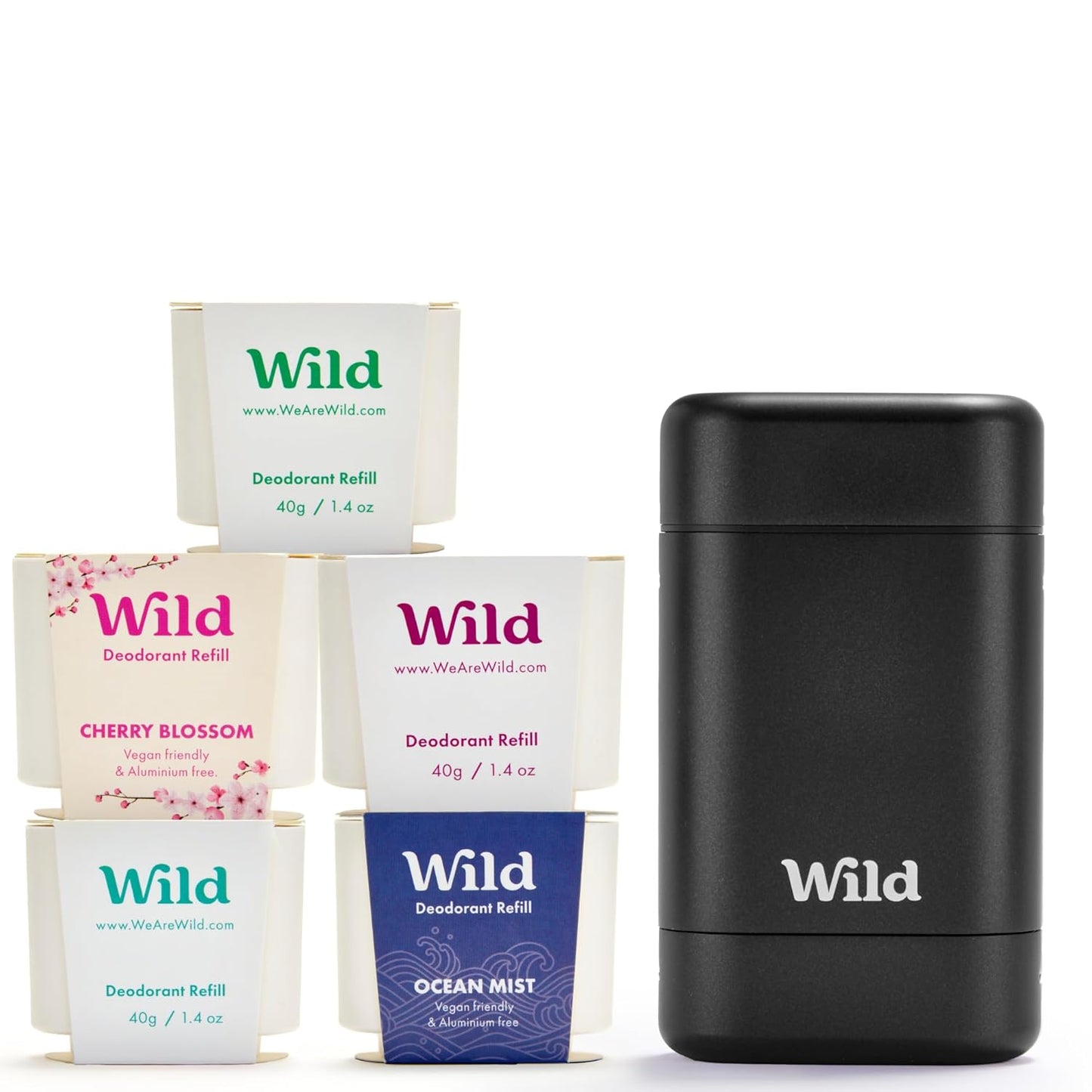 Wild - The Full Monty Aluminum Free Deodorant Starter Kit for Men - Refillable Stick Deodorant with Black Case & Zero Plastic Vegan Refills in a Variety of Scents 5 x 1.4oz - Long Lasting Protection