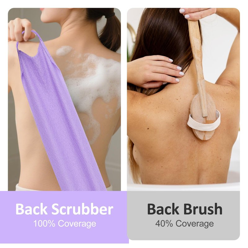 DOPENSPI 4PCS Exfoliating Back Scrubber with Handles, Nylon Double-Sided Exfoliator Extended Length Stretchable Body Exfoliating Washcloth Pull Strap Back Washer for Women Men(B)