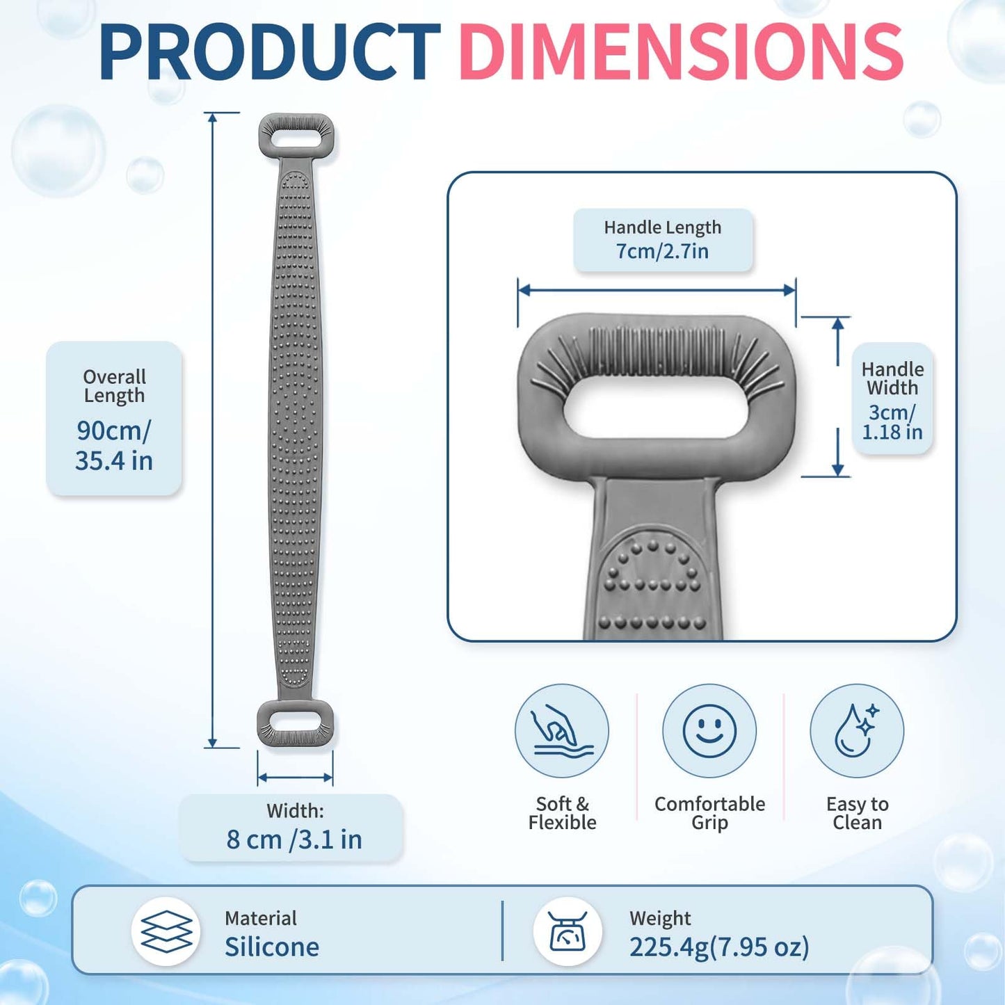 Manmihealth Silicone Back Scrubber for Shower, 36'' Extendable Back Washer with Long Strap Handle, Dual-Sided Silicone Body Brush for Men and Women (Gray)