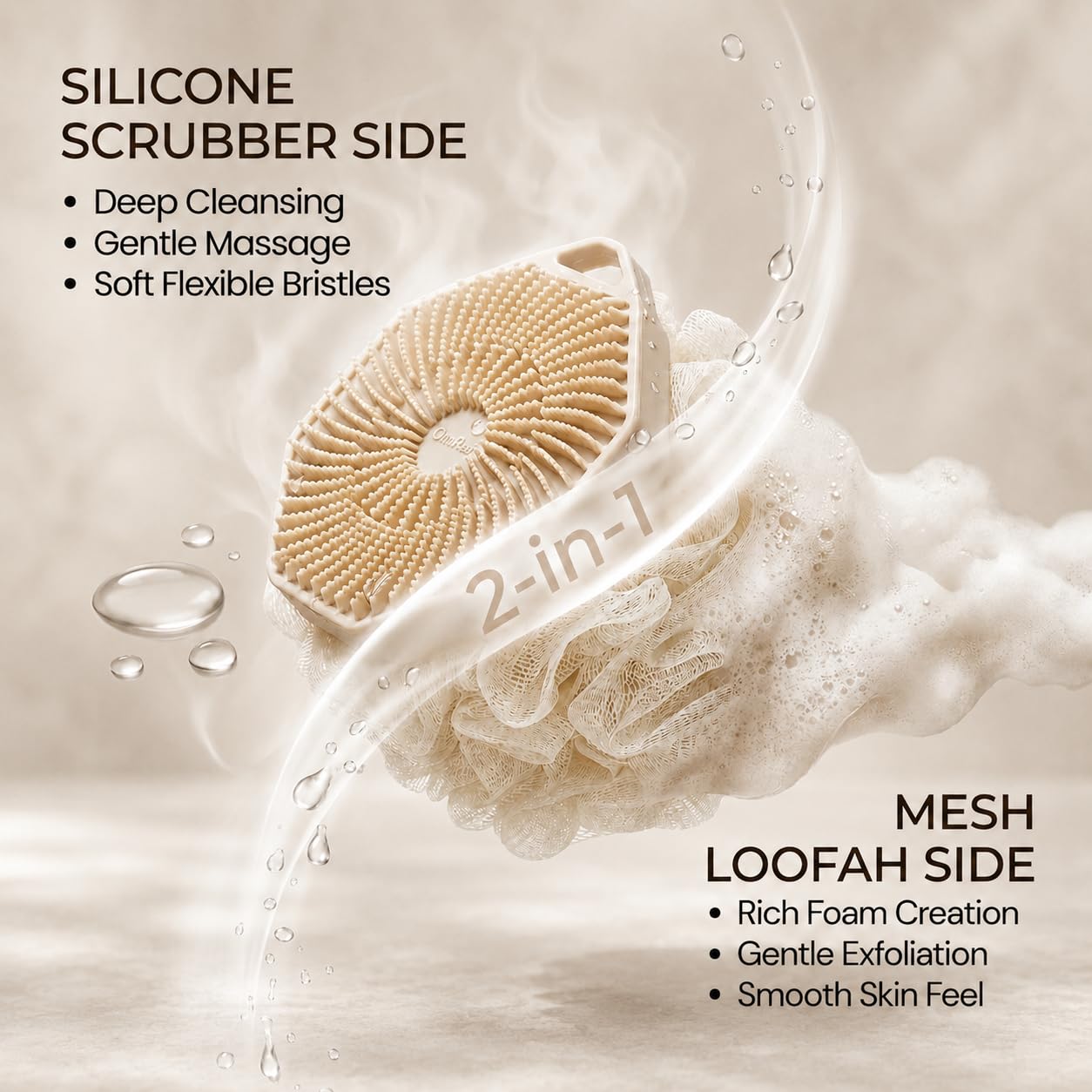 2-in-1 Silicone Body Scrubber & Mesh Loofah Sponge – Exfoliating Silicone Shower Scrubber with Soft Loofa Puff, Silicone Bristles, Non-Slip Grip, Quick Dry, Hygienic Body Scrubber for Women & Men