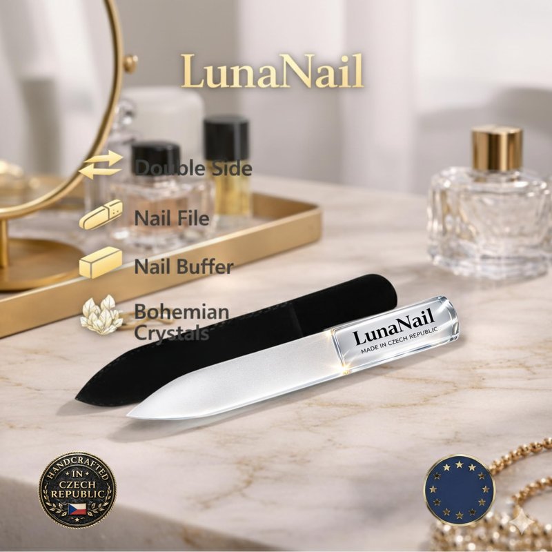 LunaNail Nano Czech Glass Nail File & Buffer 2-in-1, Velvet Case, Crystal Polisher, Mirror-Shine, Keratin-Sealing, Travel Friendly